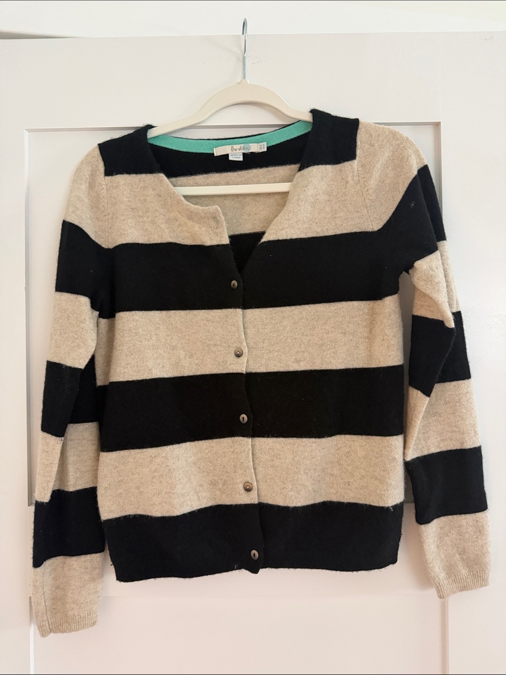 Boden 100% Cashmere Striped Cardigan Sweater Black Oatmeal Womenβs Size 4